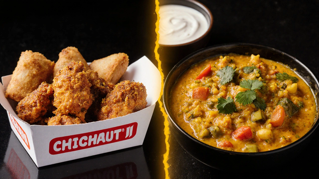 Contrasting image of unhealthy Indian fried foods vs. healthy khichdi with golden turmeric light.
