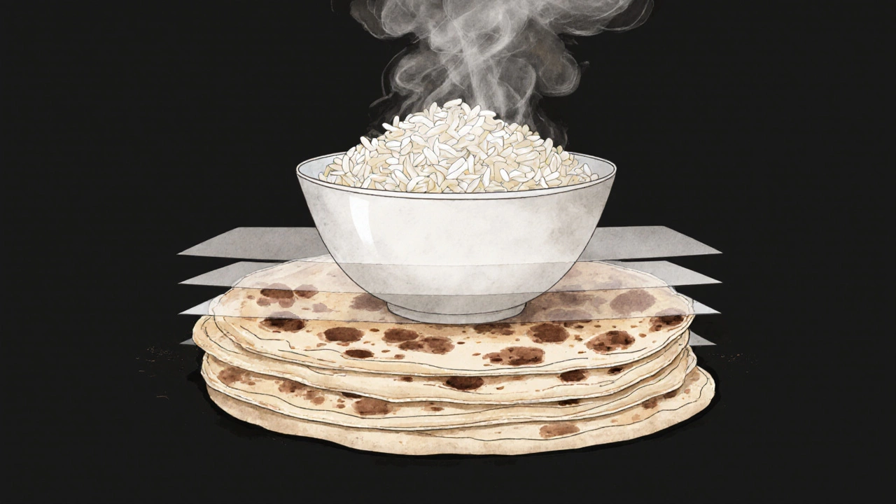 Cross-section diagram showing steam moving from rice to rotis, gentle watercolor style.