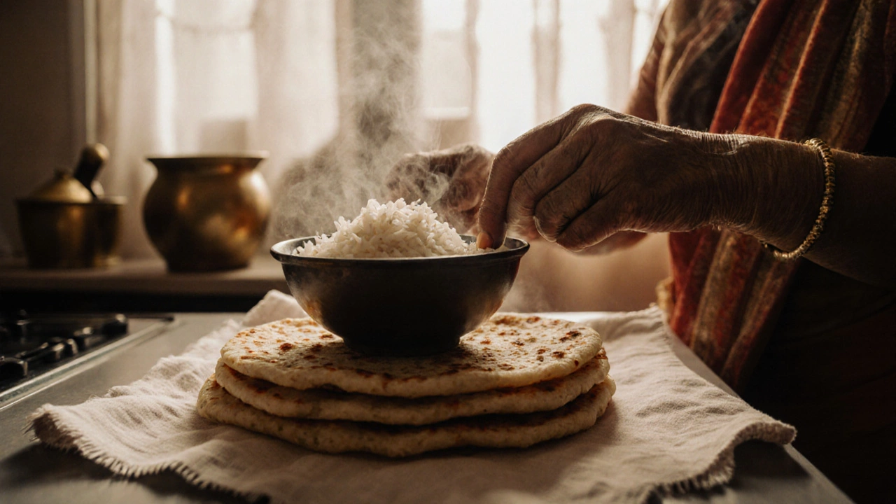 Elderly woman placing hot rice on rotis, steam rising under a cloth cover.