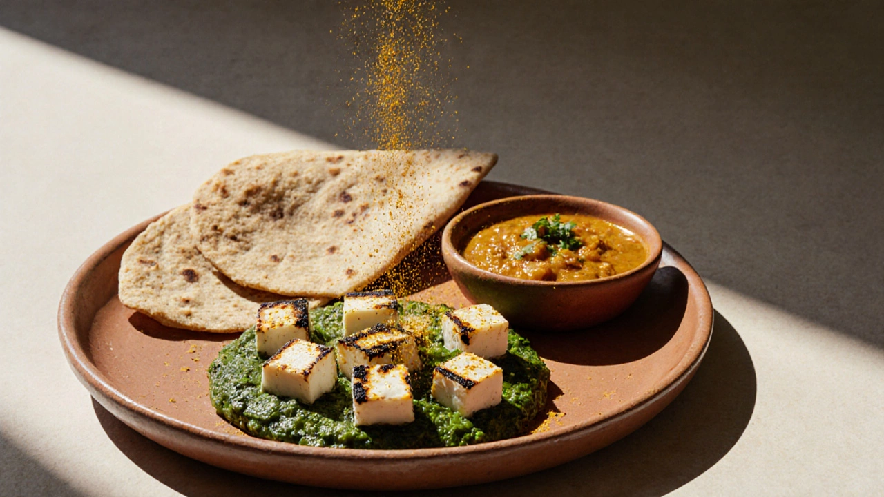Grilled paneer with spinach curry and whole wheat roti on ceramic plate.