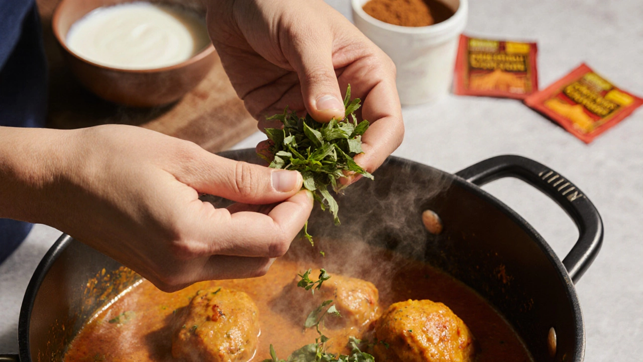 Hands crushing fenugreek leaves over simmering butter chicken sauce
