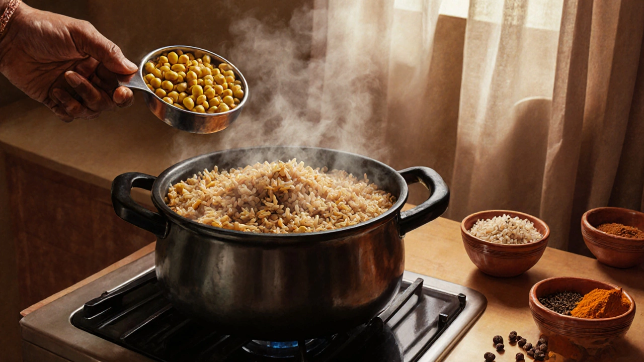 Indian kitchen with pressure cooker steaming, moong dal and brown rice being prepared with spices.