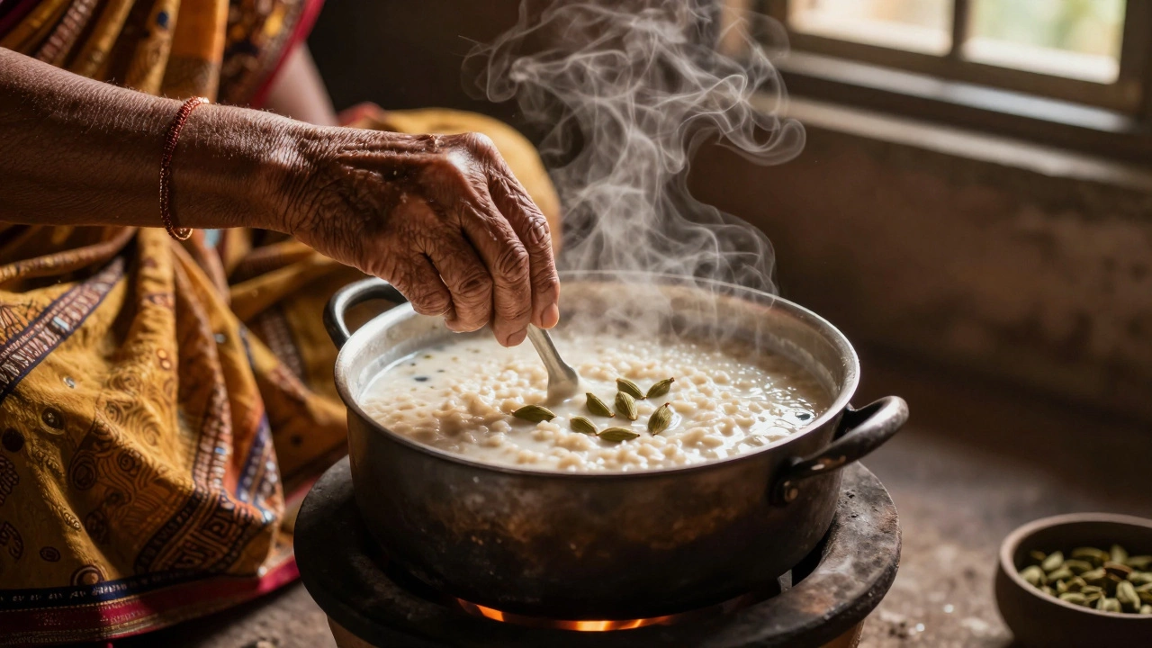 An elderly woman stirring kheer on a clay stove with cardamom pods visible.