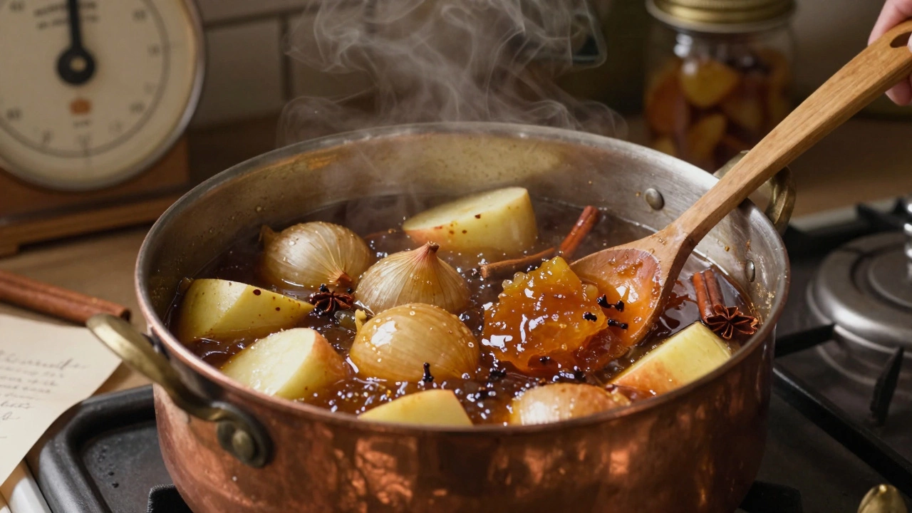 Apple chutney simmering in a copper pot with spices and wooden spoon