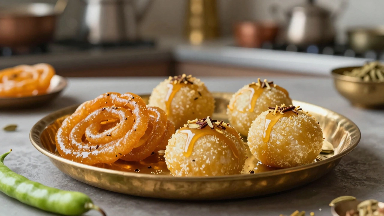 Assorted Indian sweets garnished with cardamom seeds on a brass tray.