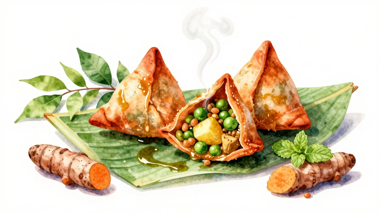 Baked samosa with spiced filling on a banana leaf