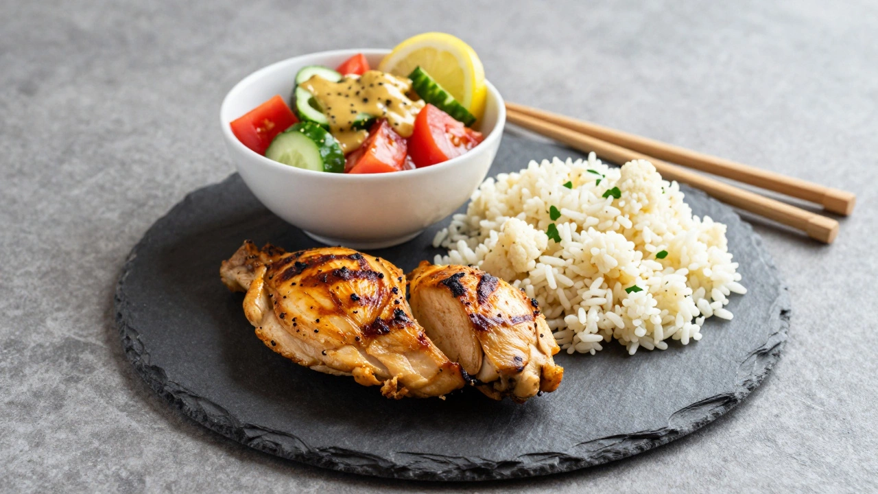 Balanced diabetic meal with grilled chicken, cucumber-tomato salad, and cauliflower rice.