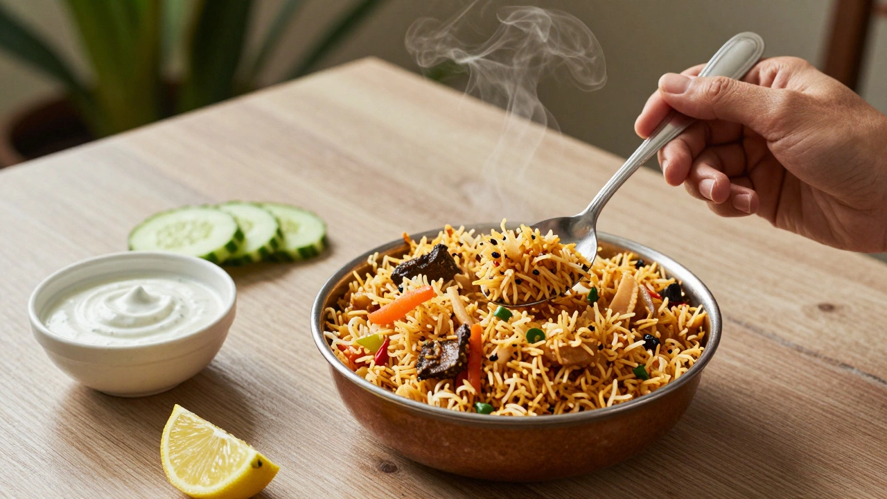 Biryani served with cooling sides: raita, cucumber, yogurt, and lemon.