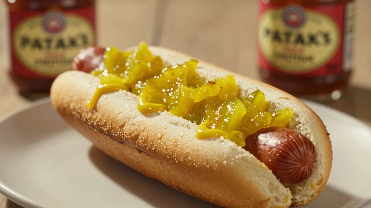 Classic American hot dog topped with chunky sweet relish, mustard streaks visible.