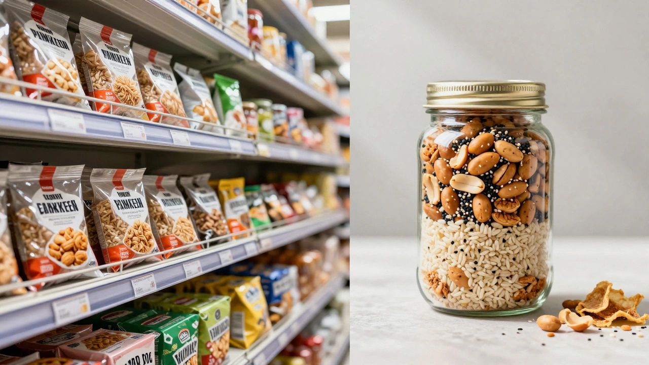 Contrast between packaged snacks and homemade chivda in glass jar