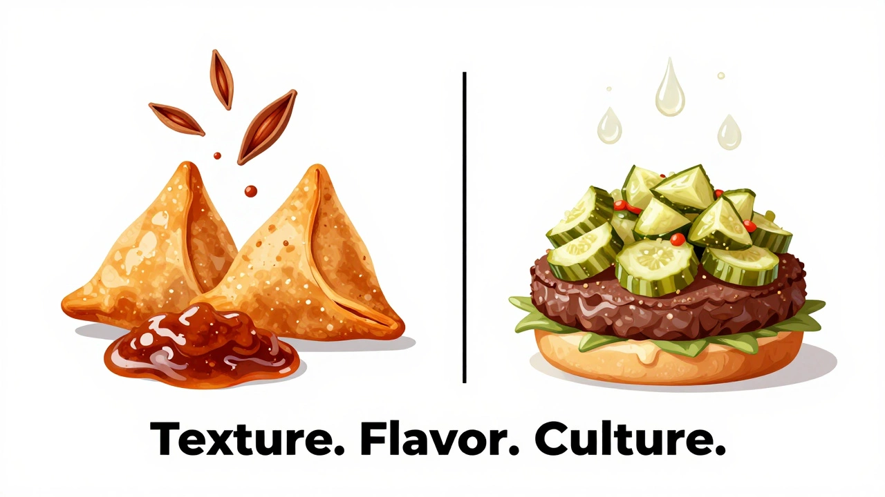 Contrasting image of smooth chutney on samosas and chunky relish on a burger.