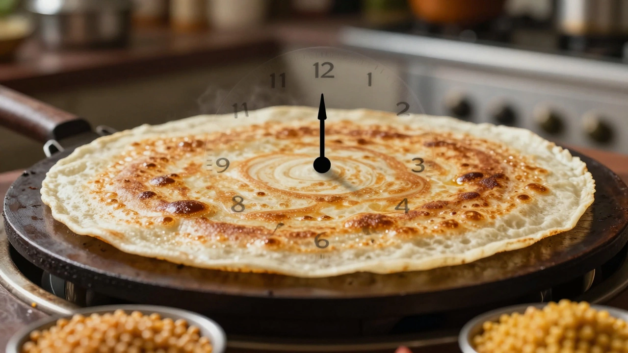 Crisp dosa on griddle with clock and soaked dal overlay, symbolizing perfect timing.