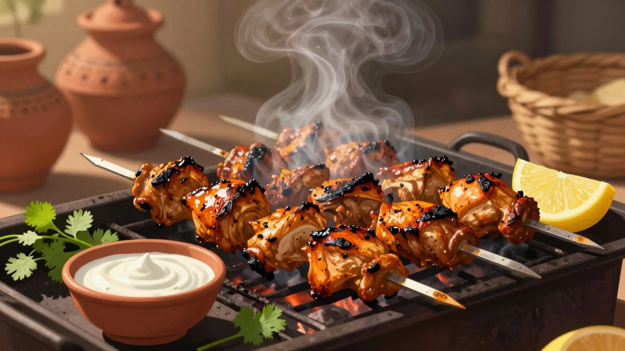 Grilled tandoori chicken skewers with smoky steam and fresh herbs on a wooden surface.