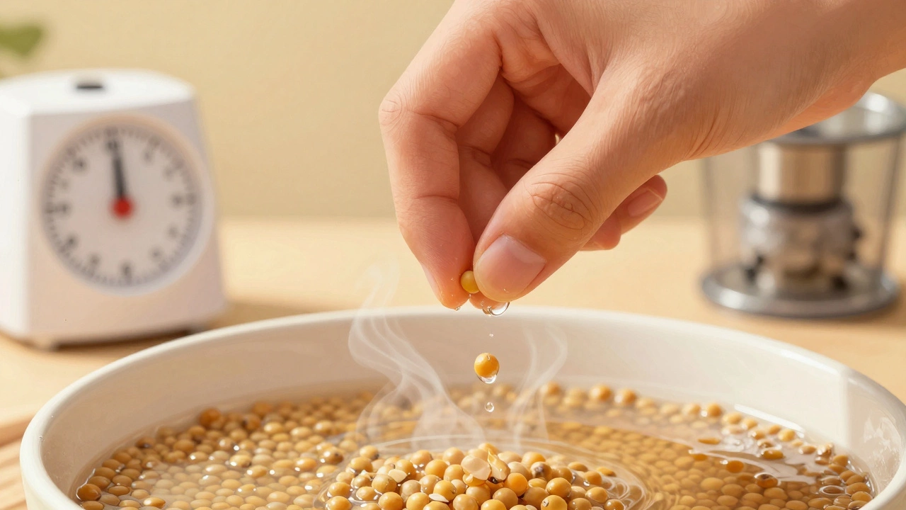 Hand pinching a soft, soaked urad dal grain, showing it crushes easily.