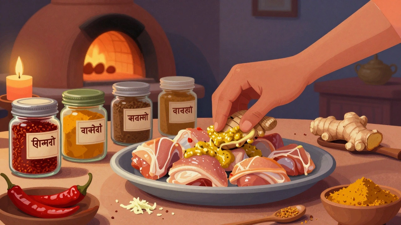 Hand rubbing fresh ginger-garlic paste into chicken with spice jars and clay tandoor in background.