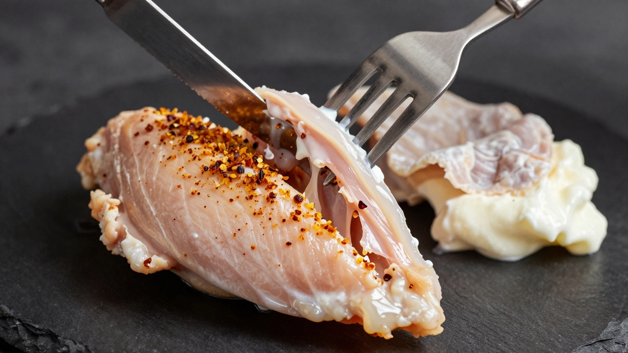 Juicy chicken breast pulled apart, showing even spice penetration