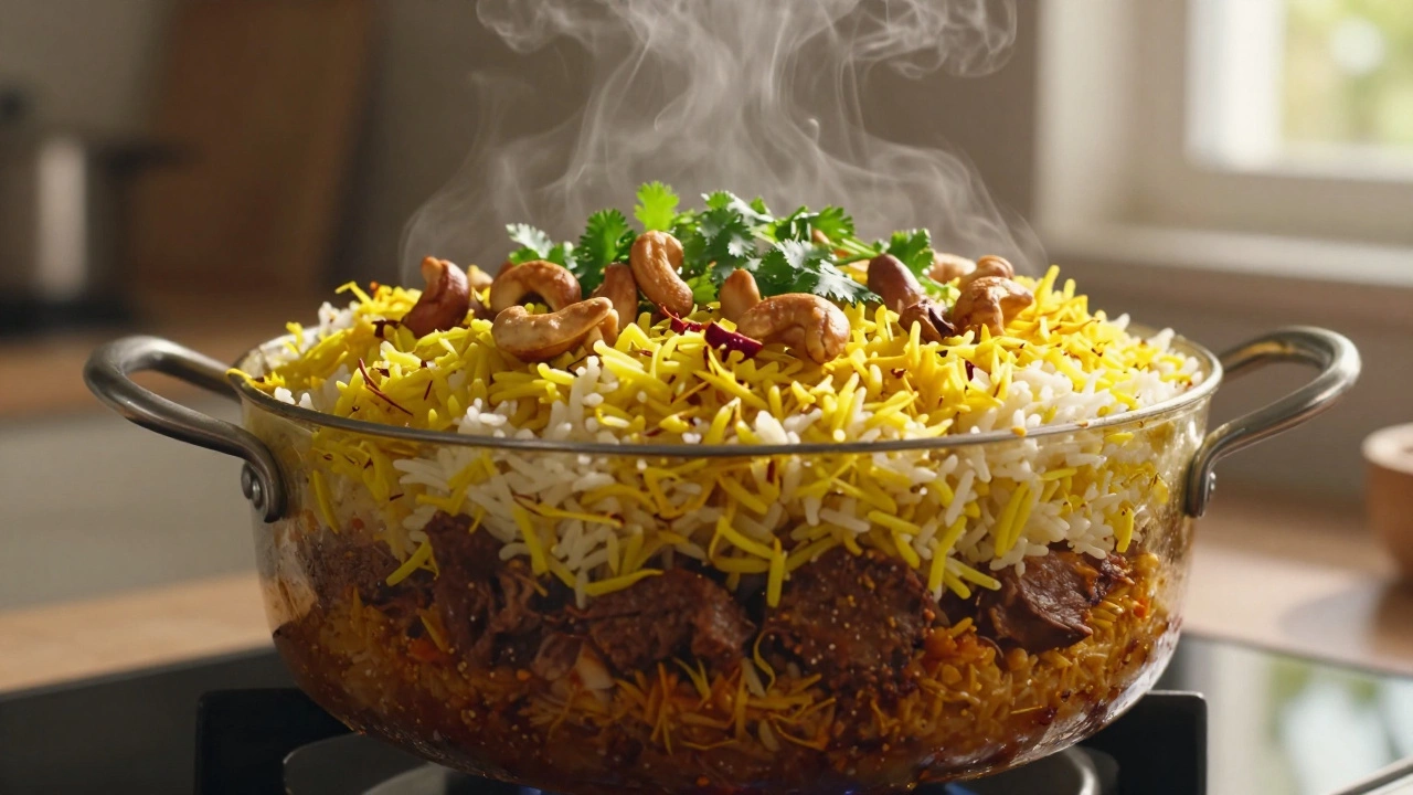Layered biryani in a pot with saffron rice and fried cashews on top.
