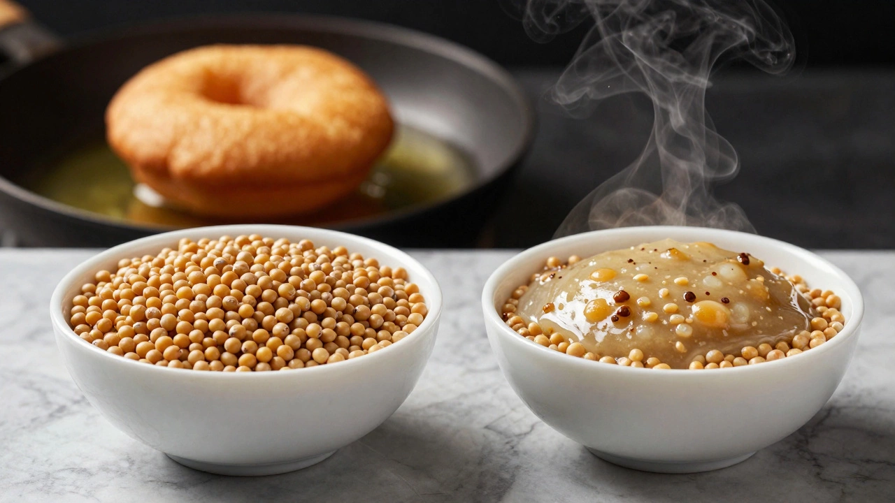 Perfectly soaked urad dal next to spoiled dal, with a crispy vada frying in oil.