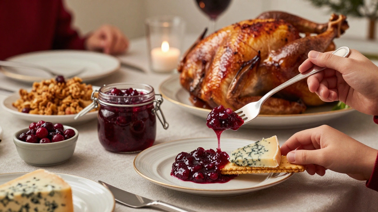 Plum chutney served at a Christmas dinner with turkey and crackers