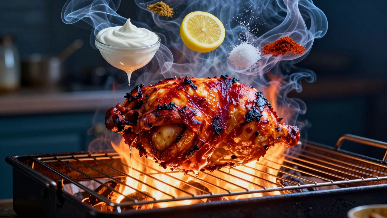 Tandoori chicken crisping under a broiler with spice ingredients floating as ethereal wisps.
