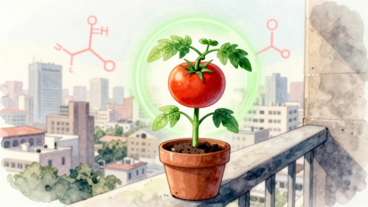 Tomato plant growing in a balcony pot with city skyline, glowing with safety symbolism.