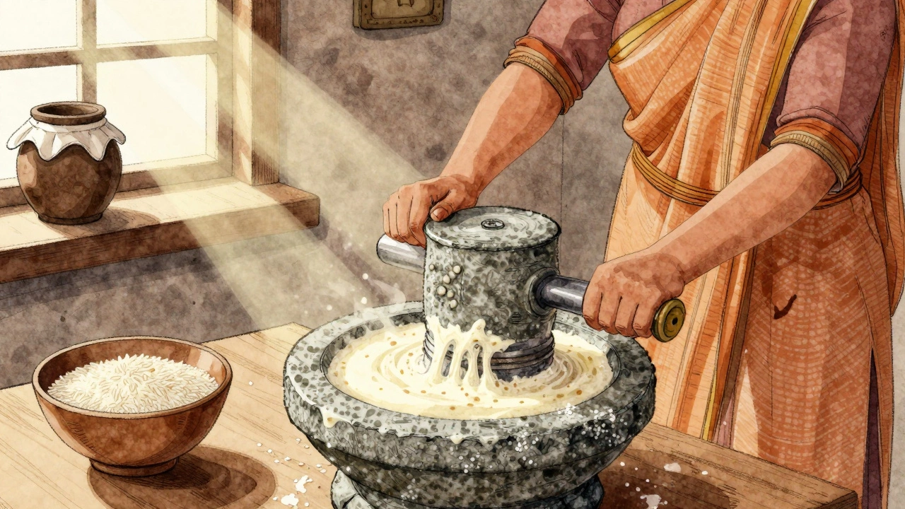 Woman grinding urad dal in a stone grinder with frothy batter forming.