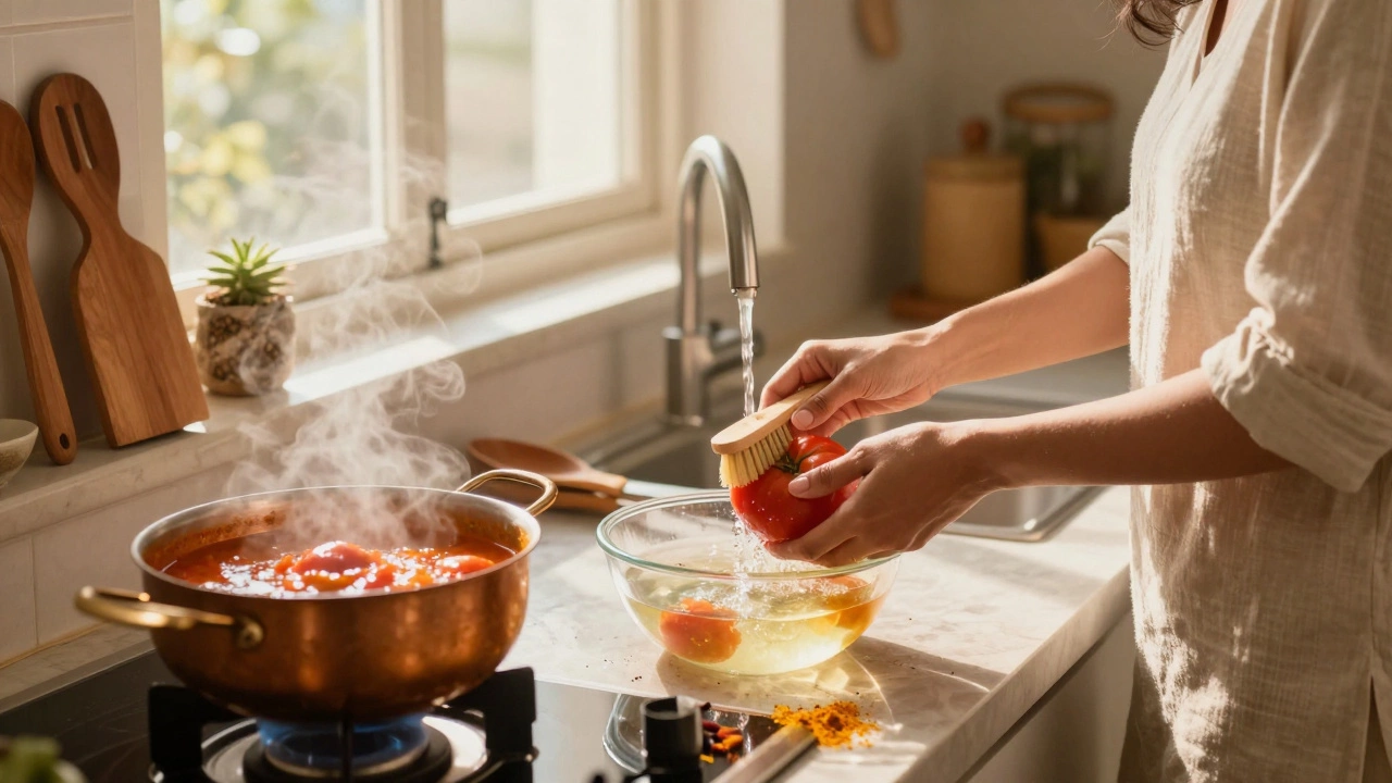 Woman washing tomatoes in a kitchen with vinegar soak and simmering curry on stove.
