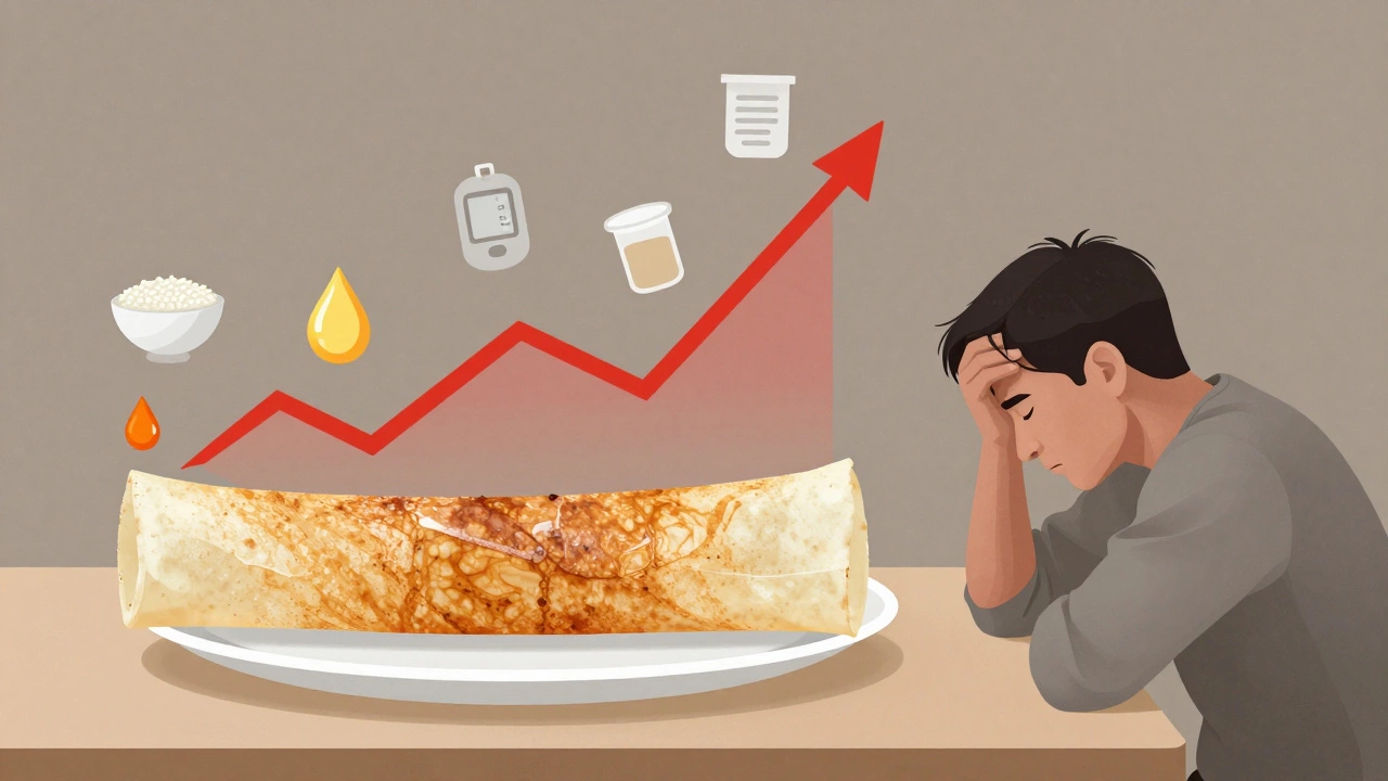 A person feeling tired as a dosa plate transforms into a graph showing blood sugar spike and crash.