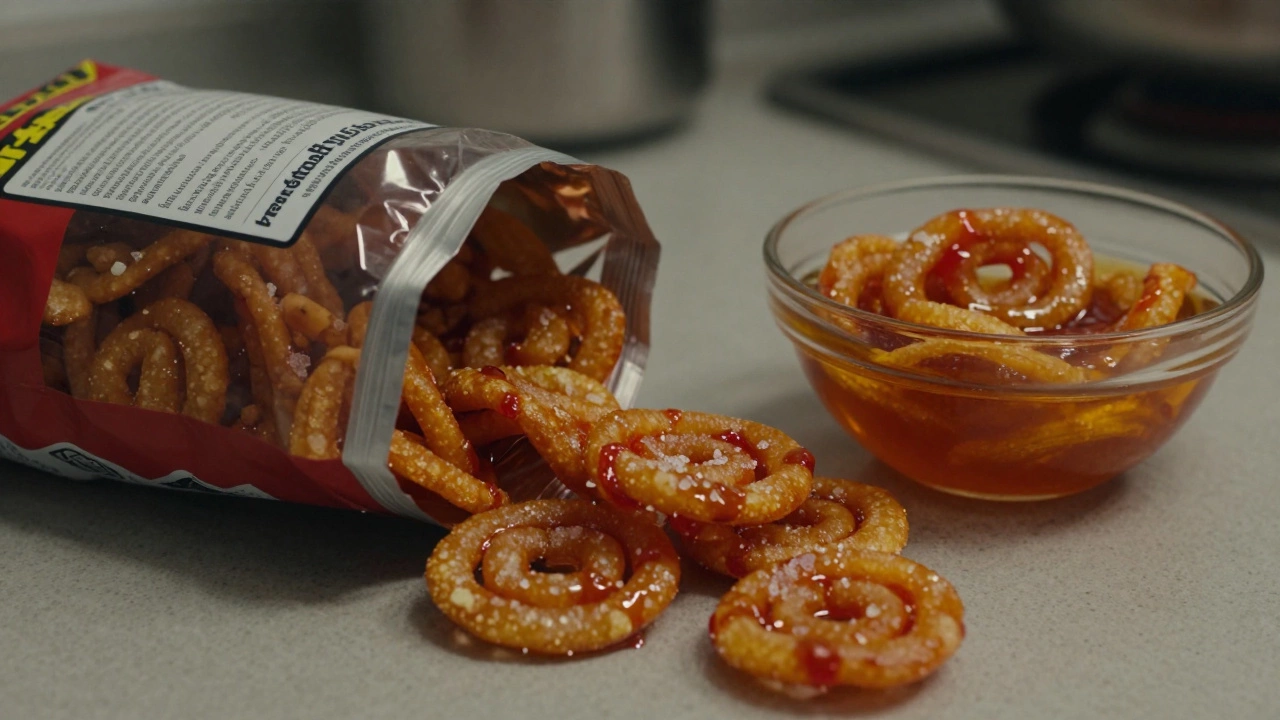 Bag of masala chips and sugary jalebi on counter with artificial colors and unclear ingredients.