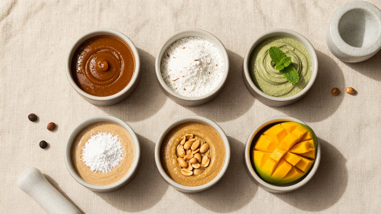Five types of chutney in ceramic bowls, each thickened with a different natural agent.