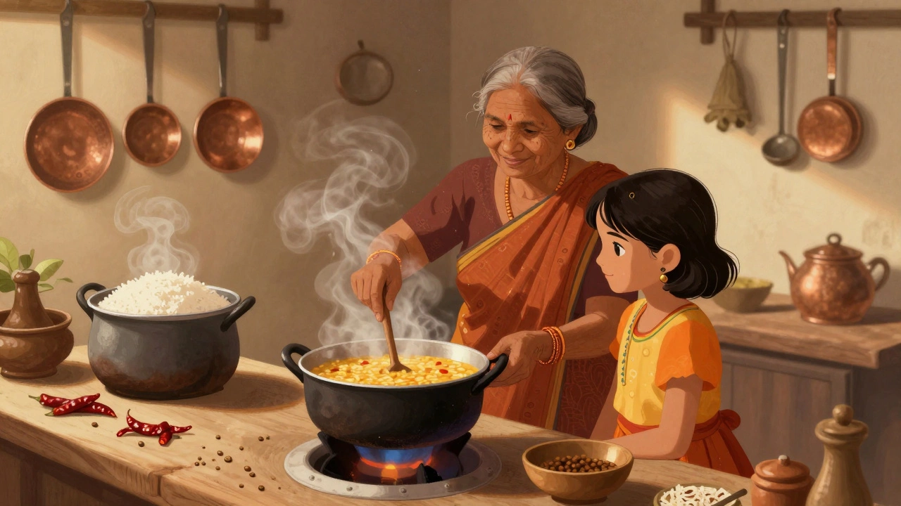 Grandmother and granddaughter cooking dal and rice together in a rustic Indian kitchen.