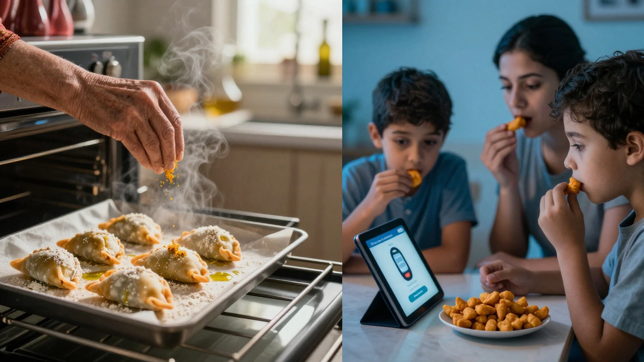 Grandmother baking healthy samosas beside family eating fried snacks, warm vs. cool lighting.