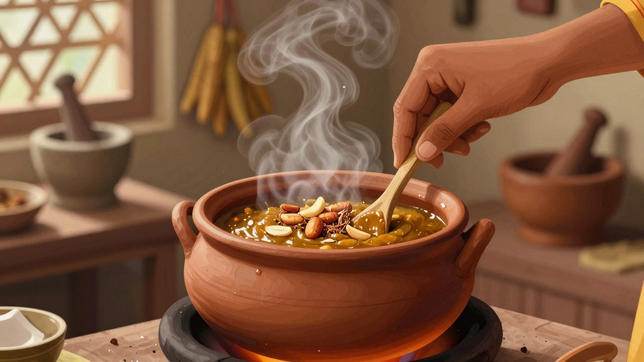 Hand stirring coconut chutney in a clay pot on a wood stove with steam rising.