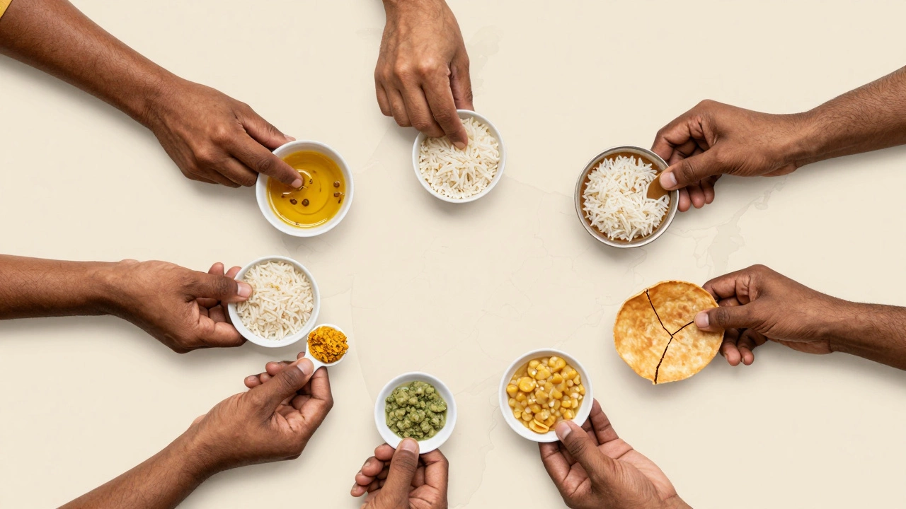 Hands from across India mixing rice and dal, symbolizing a shared culinary tradition.