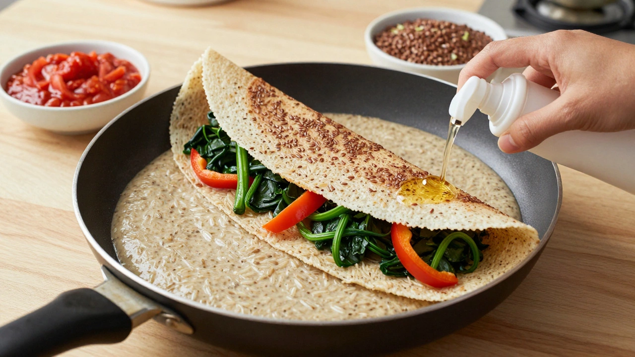 Healthy multigrain dosa filled with vegetables, cooked with minimal oil, served with sprouted lentils.