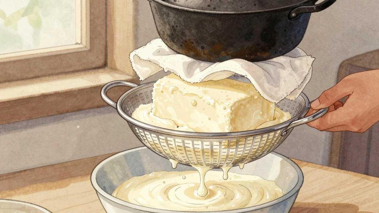 Homemade paneer pressing under a pot with whey dripping into a bowl.