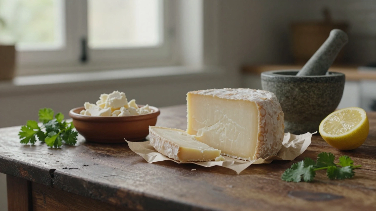 Queso fresco blocks and crumbled cheese on a rustic table with lemon and cilantro.