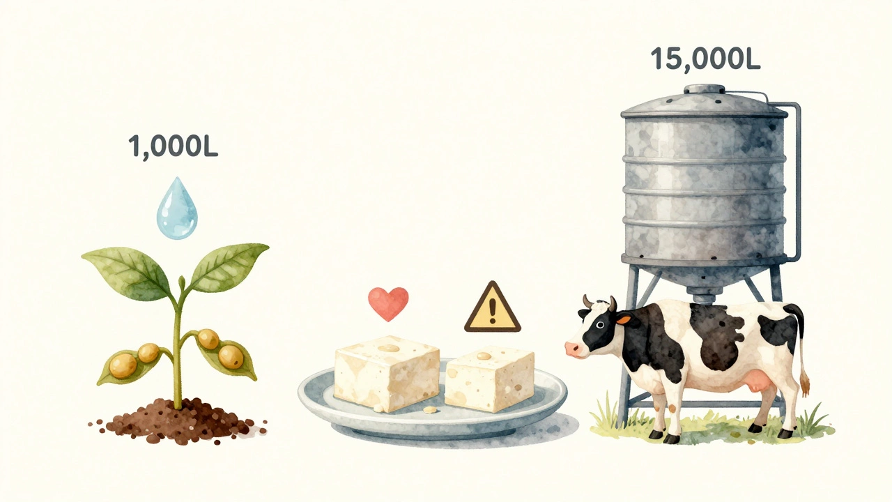 Soy plant with low water use vs. cow with high water use, symbolizing environmental impact.