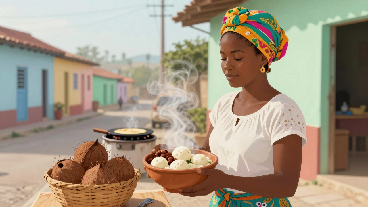 Trinidadian woman serving callaloo and dumplings with coconut shells and roti on a morning street stall.
