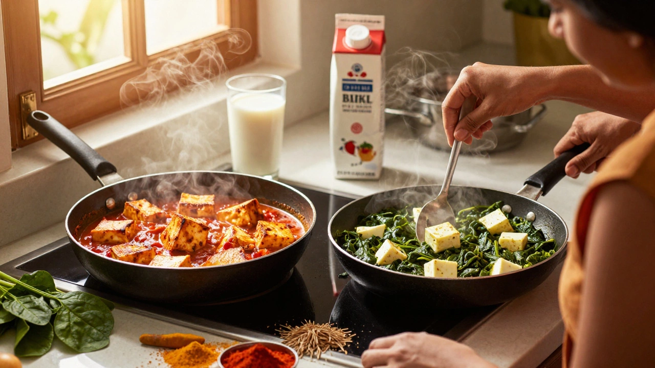 Woman cooking tofu curry and paneer curry in a bright Indian kitchen with spices.