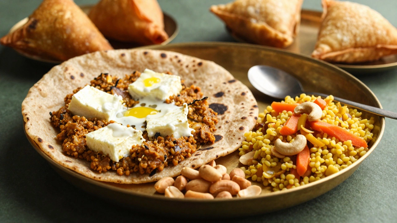 A balanced Indian snack plate with paneer bhurji, peanuts, and upma on a thali.