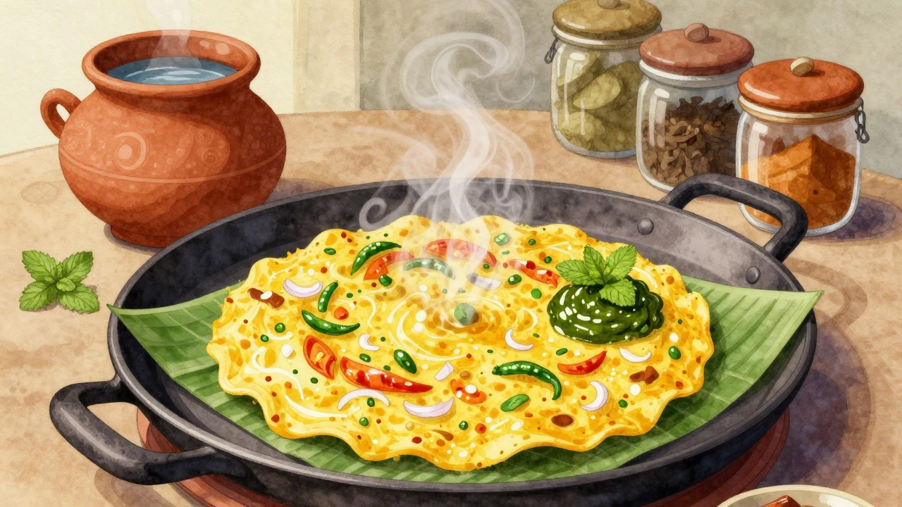 A moong dal cheela cooking on a tawa with mint chutney beside it.