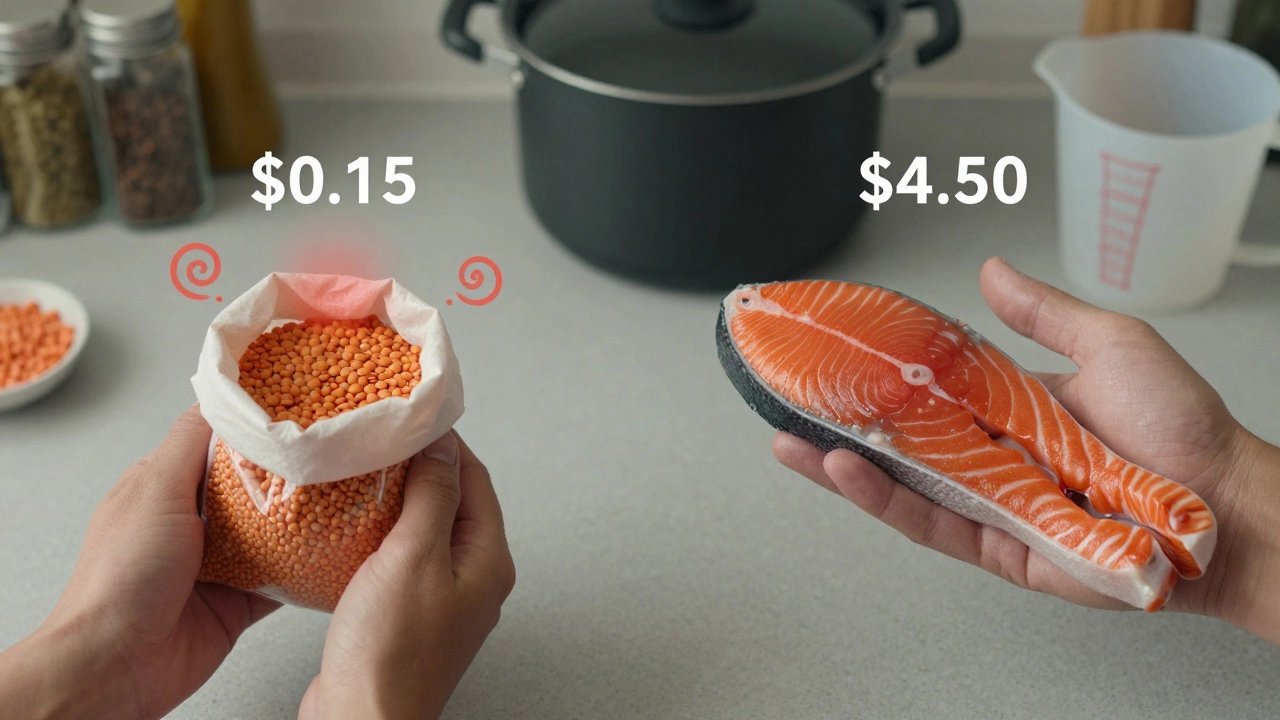A side-by-side comparison of affordable lentils and expensive salmon, with inflammation symbols.