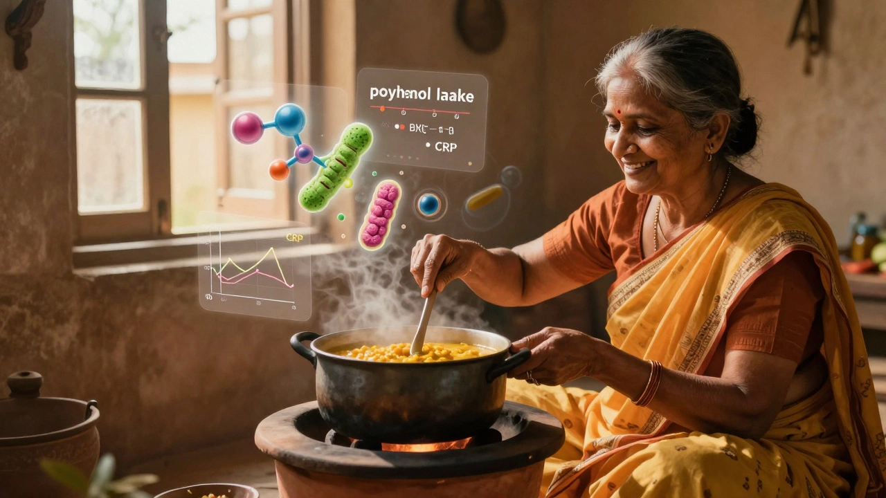 An elderly woman cooking daal as scientific elements float gently around her in warm light.