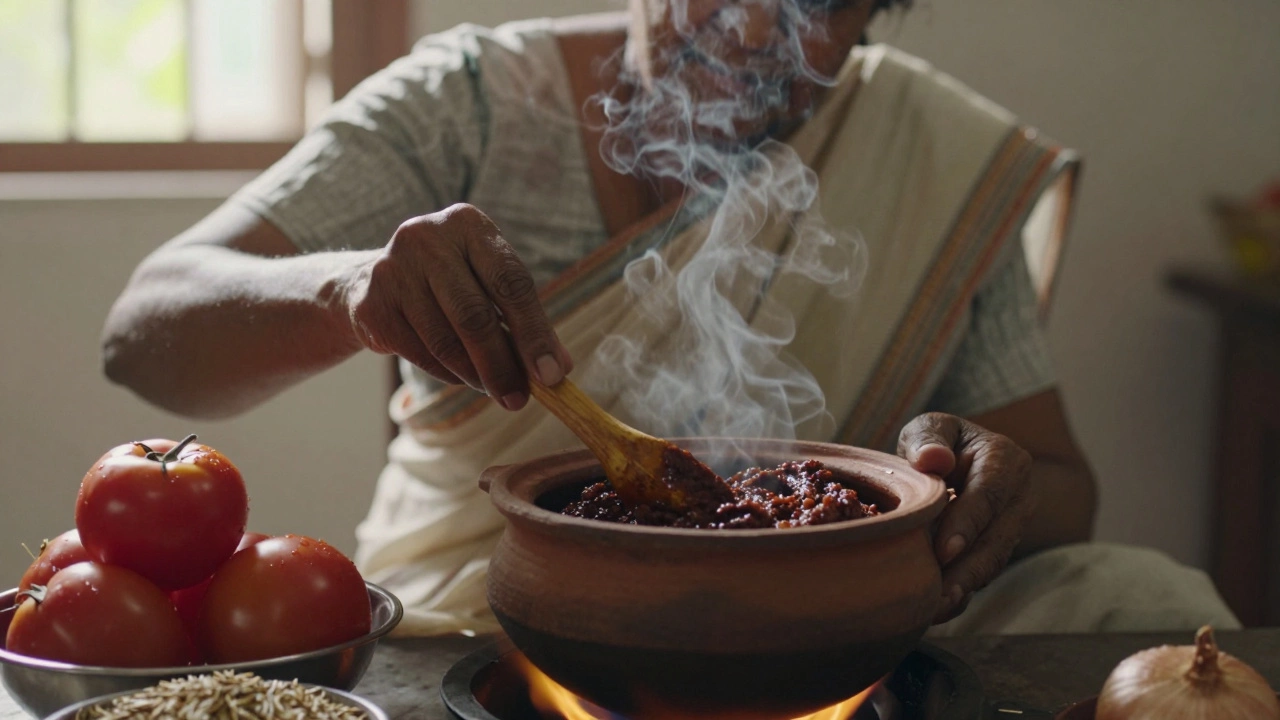 An elderly woman stirring a dark onion-spice paste in a clay pot, sunlight streaming through a kitchen window.