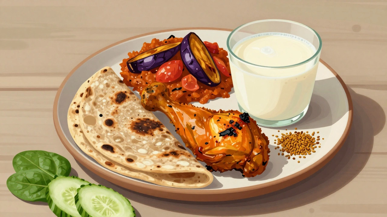 Balanced Indian meal with whole wheat roti, grilled chicken, baingan bharta, and buttermilk on ceramic plate.