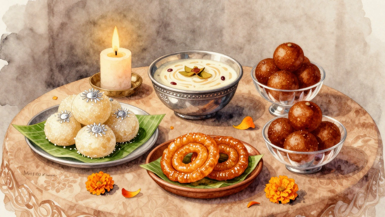 Five traditional Indian sweets displayed on a wedding table with marigold petals and candlelight.