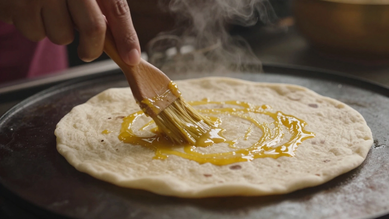 Fresh chapati brushed with ghee for softness after cooking.