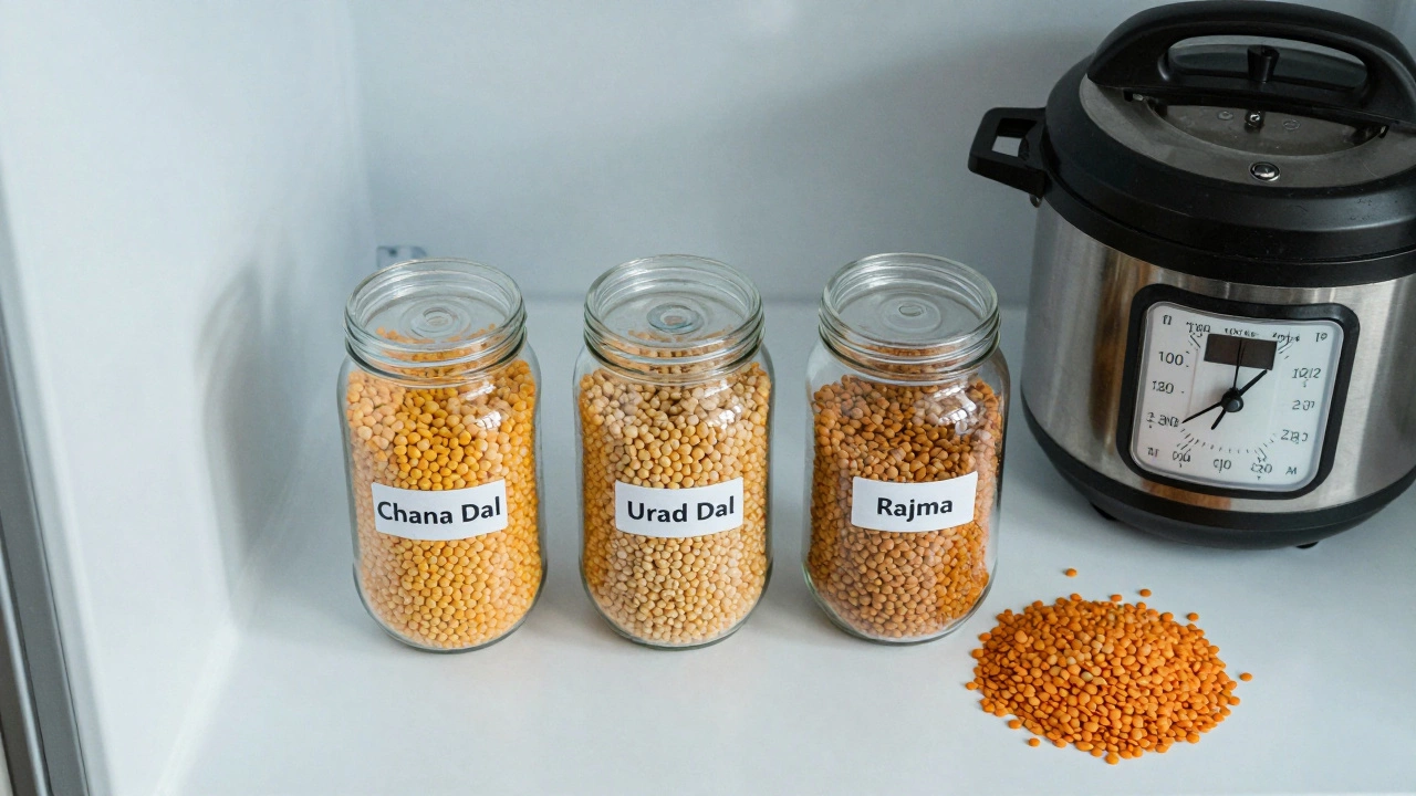 Fridge jars with pre-soaked dal next to unsoaked lentils for weekly meal prep.