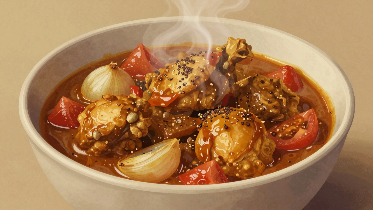 Layered illustration showing the hidden foundation of curry: toasted spices, slow-cooked onions, and crushed tomatoes.